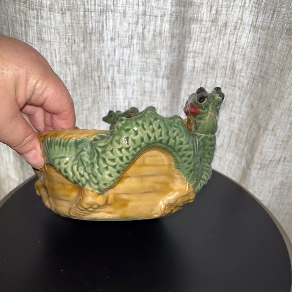 Vintage Majolica style Chinese dragon Pottery planter bowl
